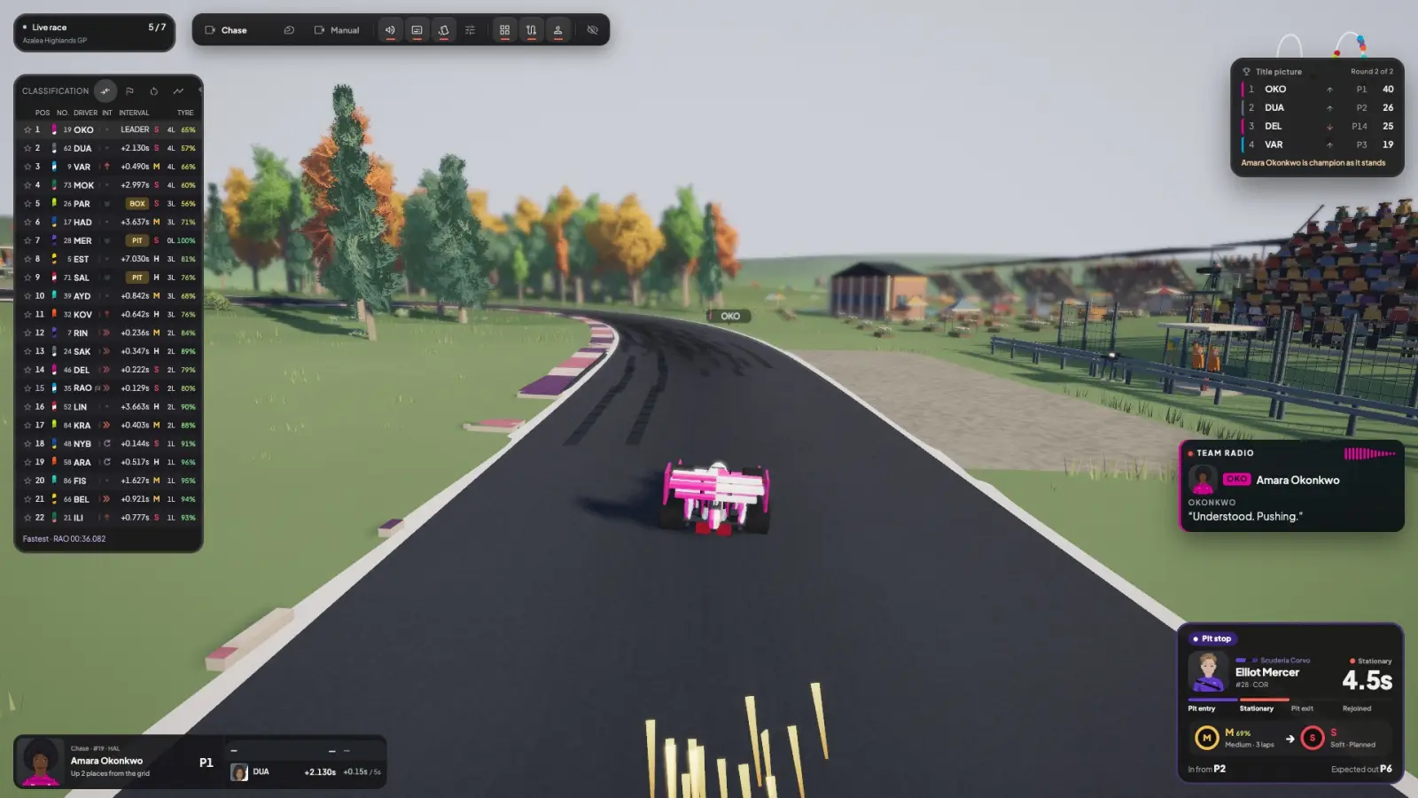 A live Little Engines broadcast following the race leader from behind, with the timing tower, the title picture, team radio and a pit-stop card on screen